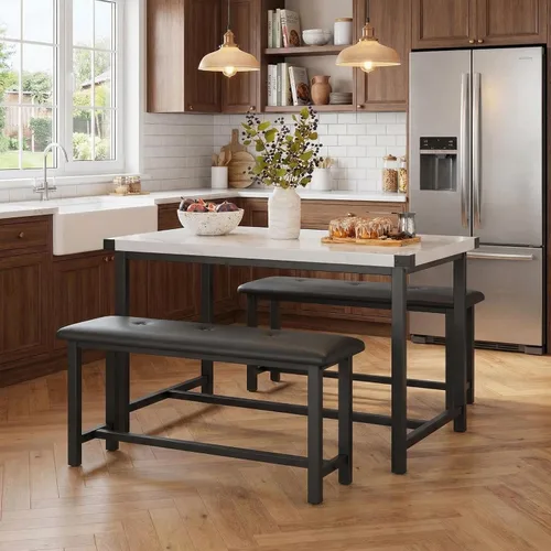 Miniatura 2 de GarveeHome Juego de mesa de comedor para 4, mesa de cocina con 2 bancos tapizados, juego de comedor de cocina de madera, para espacios pequeños