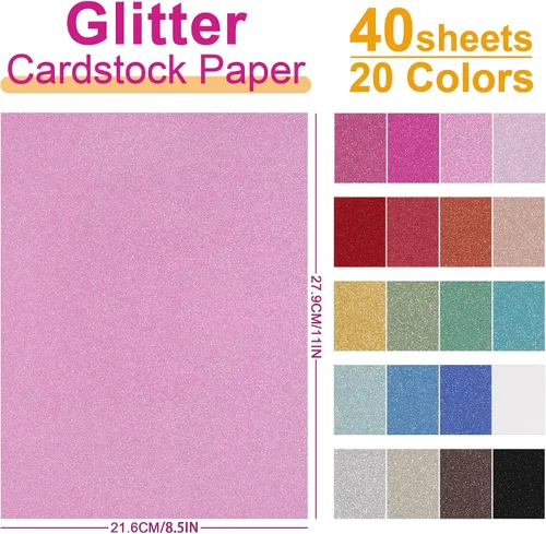 Miniatura 2 de 40 hojas de papel de cartulina con purpurina de 20 colores - 21,6 x 27,9 cm, 250 g/m²/92 lb, cartulina gruesa de peso pesado y colorida