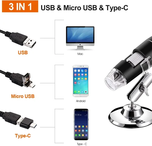 Miniatura 2 de Microscopio digital USB 40X a 1000X, cámara endoscopio de aumento de 8 LED con estuche de transporte y soporte de metal, compatible con Android