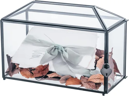 Miniatura 16 de NCYP Pequeña caja de tarjetas de cristal de boda con ranura y cerradura, 10.2 x 5.9 x 7.9 pulgadas, soporte geométrico negro para tarjetas