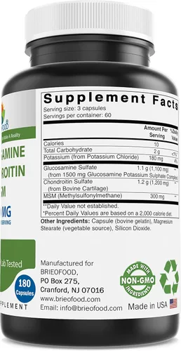 Miniatura 2 de Brieofood Triple fuerza glucosamina condroitina MSM 2600 mg/cápsulas para servir, apoya articulaciones saludables, cartílago y tejido conectivo
