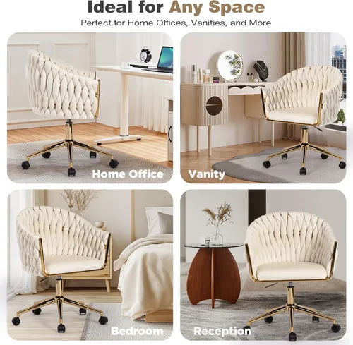 Miniatura 4 de Silla de Oficina de Terciopelo Tejida a Mano, Sillas de Escritorio de Tocador Beige con Ruedas Doradas, Silla Giratoria de 360° para Oficina en Negro