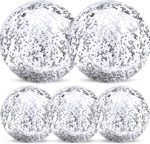 Miniatura 13 de Paquete de 5 bolas de playa de lentejuelas de 16 pulgadas y 24 pulgadas, inflables, confeti con purpurina, pelota de playa transparente, juguete