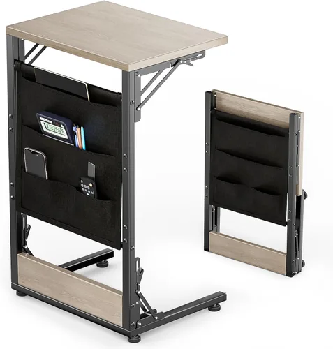 Miniatura 15 de Mesa auxiliar plegable en forma de C, pequeña mesa auxiliar plegable con bolsa de almacenamiento, bandeja de TV portátil para sofá, cama, color negro