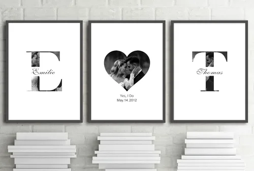 Impresiones en lienzo personalizadas con fotos de pareja y nombre, iniciales personalizadas con nombre y fecha especial, juego de 3 impresiones