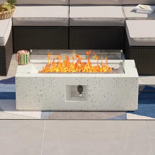 Miniatura 13 de SUNBURY Mesa redonda para fogata de propano de 28 pulgadas, mesa redonda con tanque de 40.000 BTU, mesa de gas blanca manchada para patio