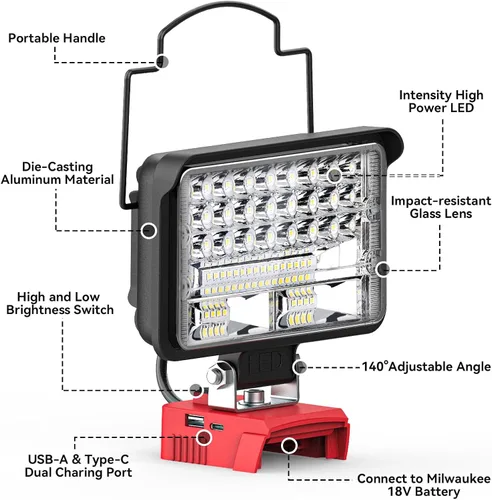 Miniatura 2 de Ecarke Luz de trabajo LED compatible con batería Milwaukee18V, luces de trabajo inalámbricas de 128 W, 12800 lm de luz de batería de linterna
