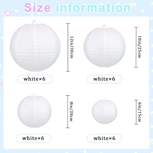 Miniatura 2 de 24 linternas de papel blanco de varios tamaños (6, 8, 10, 12 pulgadas), linternas de papel redondas chinas, japonesas, colgantes para decoración