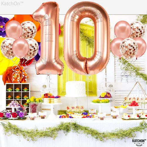 Miniatura 7 de KatchOn, Globo gigante de oro rosa del número 10 – 40 pulgadas Globo de oro rosa 10 con globos de confeti Decoraciones de 10 cumpleaños de oro