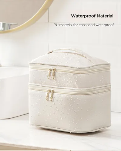 Miniatura 6 de HBlife Bolsa de maquillaje de viaje de doble capa, portátil, bonita bolsa de cosméticos de cuero, bolsa grande de maquillaje, organizador de Beige