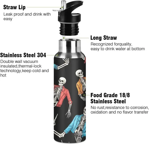 Miniatura 3 de BPA-Free Sport Water Bottle 32 Oz, Stainless Steel Water Bottle for Gym Outdoor Travel School, Human Skeletons Rock Roll Gesture