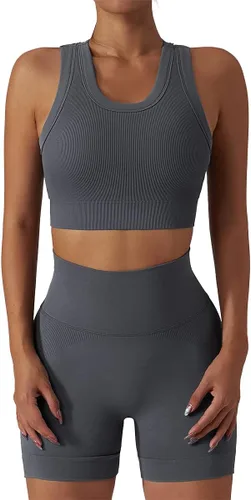 Miniatura 64 de Conjuntos de entrenamiento para mujer, 2 piezas, sin costuras, acanalada, sin mangas, brasier deportivo, cintura alta, pantalones cortos