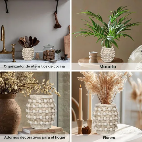 Miniatura 7 de Jarrón rústico de granja, florero beige bohemio para hierba de las pampas, pequeños jarrones anudados texturizados para flores, jarrones decorativos