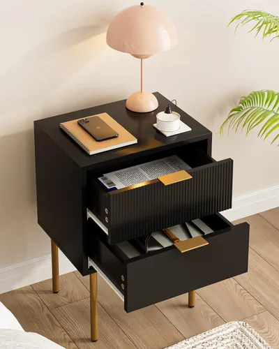 Miniatura 4 de Mesita de noche, mesita de noche pequeña con marco dorado, mesita de noche negra, muebles de noche, mesa auxiliar con 2 cajones para dormitorio
