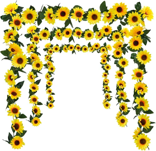 Miniatura 9 de Uieke Paquete de 2 guirnaldas artificiales de girasol, 6 pies/hebra, girasoles de seda colgantes enredaderas, guirnalda de flores con hojas verdes