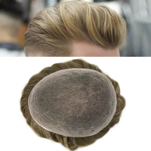 Miniatura 50 de Toupee para hombres Piezas de cabello humano real, encaje francés completo para hombres, pieza de cabello, nudos blanqueados, línea capilar natural
