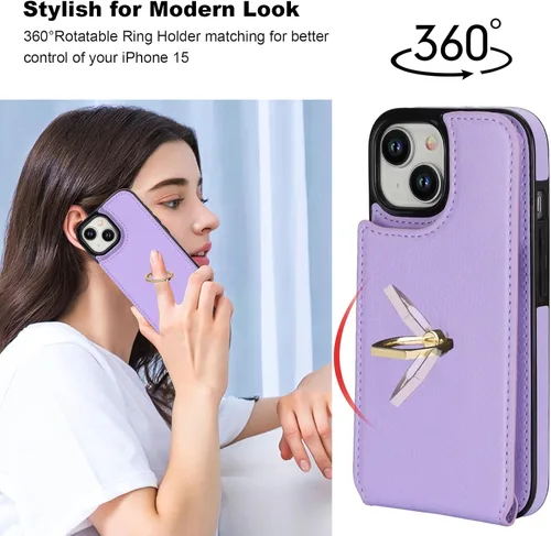 Miniatura 3 de Folosu Compatible con iPhone 15 Funda cartera con tarjetero con rotación de 360°, soporte de anillo de dedo con función atril, bloqueo RFID