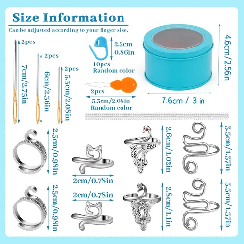 Miniatura 2 de 8 piezas de anillo de ganchillo, anillo de ganchillo ajustable para dedo, anillos de tensión para hilo de gato, guía de hilo para tejer, dedal