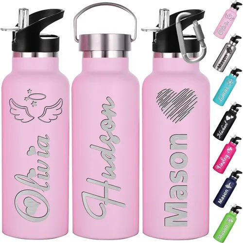 Miniatura 9 de Botellas de agua personalizadas con tapa de popote de 12/26 onzas con nombre grabado, logotipo, botella aislada personalizada, botellas de agua