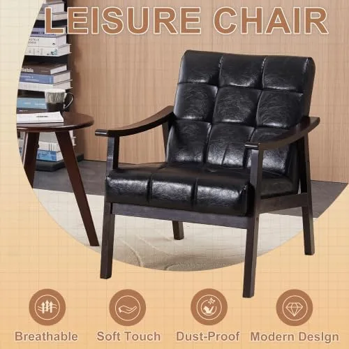 Miniatura 4 de HopeHope Sillón de madera tapizado de poliuretano moderno, de 29.5 x 27.2 x 33.1 in, 400 libras, color negro, sillas de invitados, sillas
