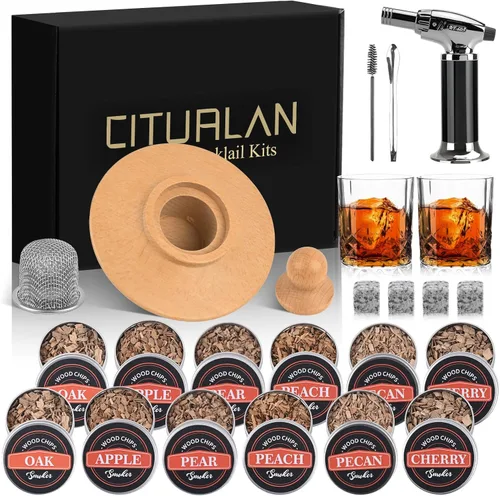 Kit de ahumador de whisky de 23 piezas con antorcha y 6 sabores de virutas de madera, 2 vasos de whisky, bourbon, kit de infusor de ahumador de