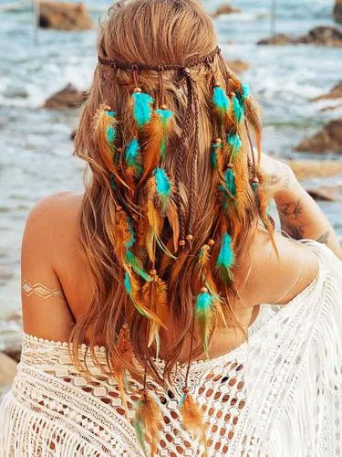 GORTIN Diadema de plumas bohemias, disfraz gitano, tocado negro, bohemio, hippie, banda para el pelo para festival indio, accesorio para el cabello