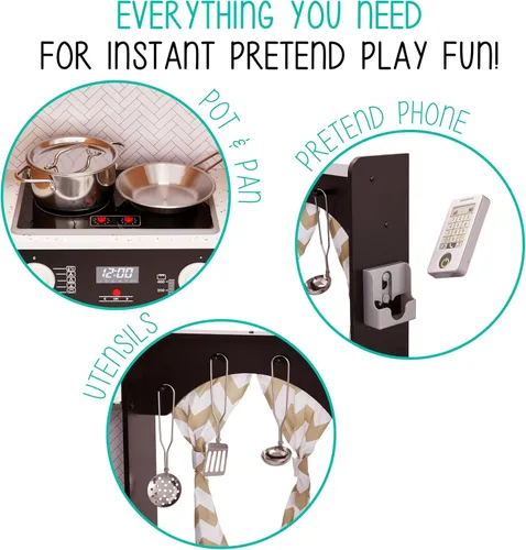 Miniatura 7 de Lil' Jumbl Juego de cocina de esquina para niños, cocina de lujo de madera de simulación, máquina de hielo a pilas, estufa y grifo con sonido Negro