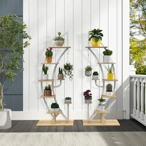 Miniatura 2 de Soporte de metal para plantas de 6 niveles, estante para plantas en forma de media luna para interiores con colgador y dispositivo antivuelco