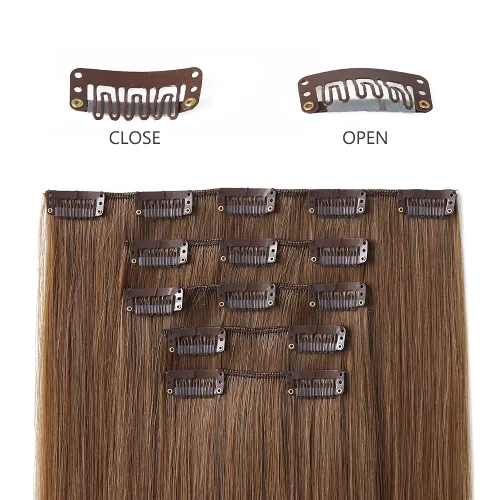 Miniatura 5 de Extensiones de cabello castaño lacio, 2 juegos de extensiones de cabello con clip para mujeres, Halloween, 5 piezas de 22 pulgadas, piezas