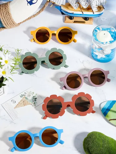 Miniatura 4 de Dunzy 24 pares de lentes de sol redondos de flores y retro redondos para niños, gafas de girasol para exteriores, playa, deportes
