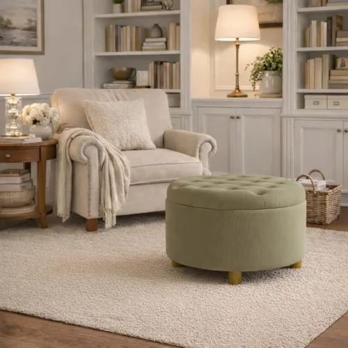 Miniatura 2 de HomePop Decoración del hogar Otomana redonda de terciopelo copetudo con botones Otomana con almacenamiento para sala de estar y dormitorio
