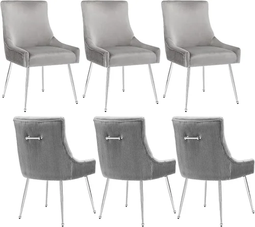 adochr Juego de 6 sillas de comedor de terciopelo con patas de metal plateado, moderna silla de cocina tapizada con asa y respaldo plisado, silla