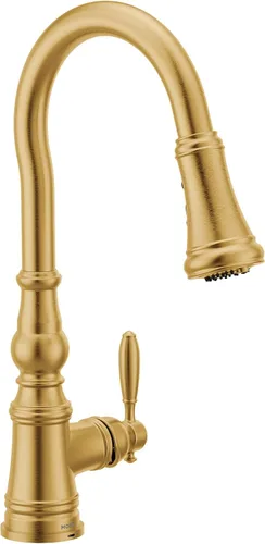 Miniatura 17 de Moen WeymouthBrushed Gold S73104BG - Grifo de cocina con resorte de preenjuague de un mango con refuerzo de potencia para una limpieza más rápida