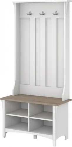 Bush Furniture Salinas Hall Árbol con banco de almacenamiento de zapatos, blanco puro y gris Shiplap Shiplap Gris/Blanco Puro