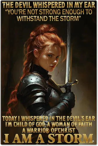 GLOBLELAND Letrero de metal con texto en inglés "Faith Warrior "I Am A Storm", divertido letrero de lata de pintura vintage de 12 x 8 pulgadas,