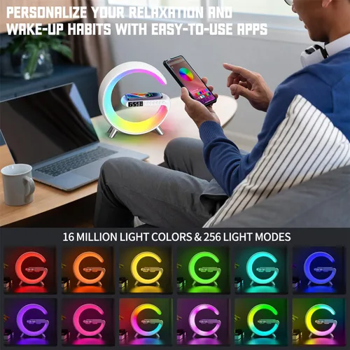 Miniatura 5 de Lámpara de mesa LED inteligente 4 en 1, reloj despertador, cargador inalámbrico, luz nocturna, altavoz Bluetooth con control de aplicación, lámpara