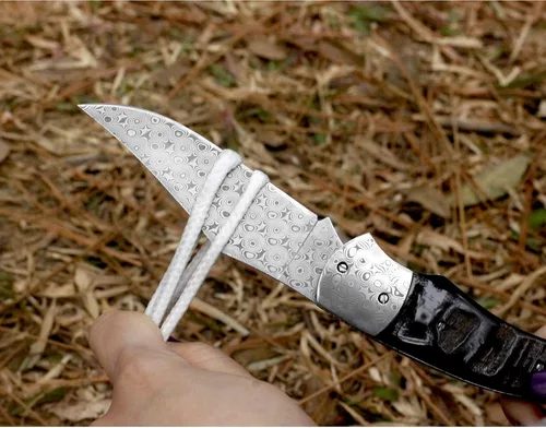 Miniatura 7 de YOUSUNLONG Navaja de bolsillo – Cuchillo plegable – Total 8.071 in – Hoja de acero de Damasco japonés – Mango de cuerno de búfalo negro natural