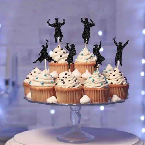 Miniatura 6 de Gyufise 24 piezas Adornos para pastel de graduación 2026 con purpurina negra, clase de 2026, adornos para magdalenas con gorra de graduación