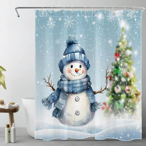 LB Cortina de ducha de muñeco de nieve azul para baño, árbol de Navidad y copo de nieve en invierno con ganchos, juego de cortina de baño de