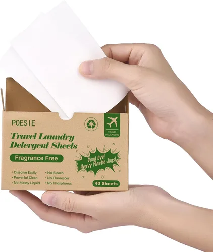 Poesie Hojas de Detergente para Ropa Hojas de Jabón para Ropa para Viajes Camping Hojas para Lavar Ropa Sin Fragancia 1 Mini Caja 40 Unidades