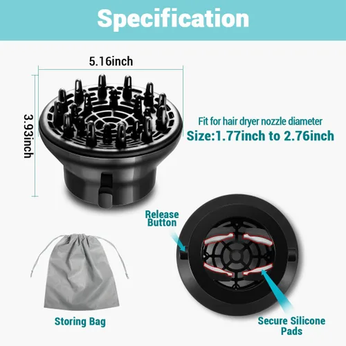 Miniatura 6 de KAHEM Difusor de pelo universal, ajustable de 1.77 a 2.76 pulgadas, accesorio difusor de secador de pelo para cabello rizado sin encrespamiento