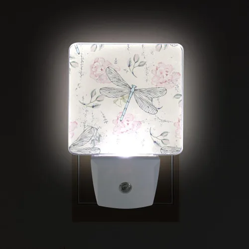 Miniatura 3 de Lámpara de noche LED enchufable con sensor de luz, libélulas florales grungy, luz blanca, paquete de 2 unidades, para pasillo, baño, dormitorio