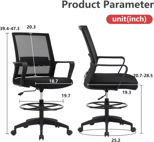 Miniatura 3 de BestOffice Silla de dibujo alta silla de oficina ajustable giratoria de malla con soporte lumbar, brazos reposapiés, respaldo medio para adultos