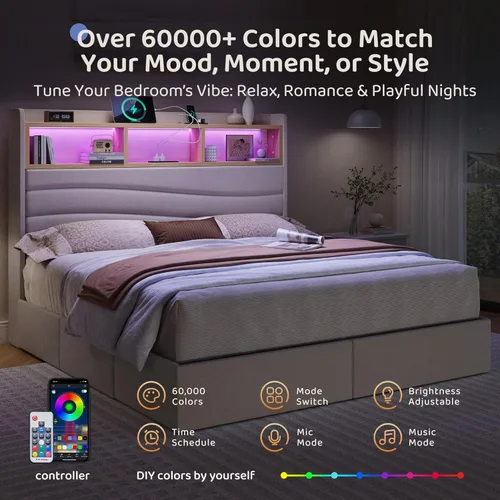 Miniatura 4 de BRELTAM Base de cama tamaño King con 6 cajones de almacenamiento, plataforma tapizada de lino con estación de carga y luces LED, diseño de cabecera