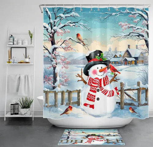Miniatura 9 de LB Winter Snowman Shower Curtain for Bathroom, Christmas Cardinal Bird and Snowy Tree with Pink Flower Fabric Shower Curtain with Hooks, Farmhouse