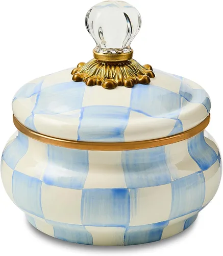 Miniatura 8 de MACKENZIE-CHILDS Olla aplastada de esmalte, bonito recipiente esmaltado con tapa, 20 onzas, a cuadros cortesanos en blanco y negro color fantasía