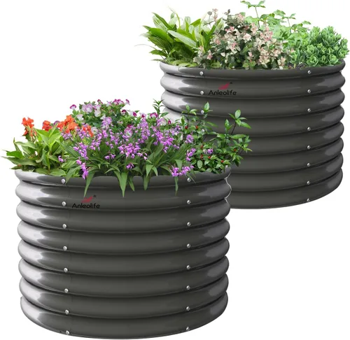 A ANLEOLIFE Paquete de 2 camas de jardín elevadas galvanizadas de 3 pies x 24 pulgadas de alto para exteriores, jardinera redonda de metal para