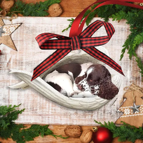 Miniatura 3 de Talataca English Springer Spaniel - Adorno de Navidad plano 2D de madera, Springer Inglés Dormir Ángel Dormir Decoración de árbol de pino, colgante