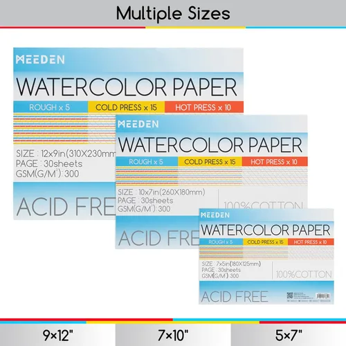Miniatura 4 de MEEDEN Bloque de papel de acuarela – 3 texturas 100% algodón acuarela papel bloc de 30 hojas, 140 libras/300 gsm, papel de arte sin ácidos