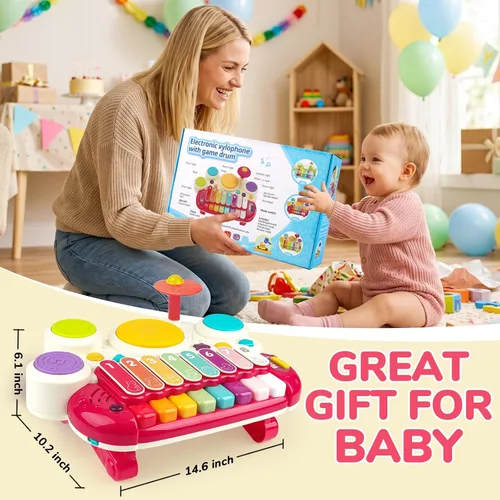 Miniatura 9 de AugToy 3 en 1 juguetes musicales para niños pequeños de 1 a 3 años, juego de piano, xilófono y tambor, juguetes para niñas de 1, 2 y 3 años de edad